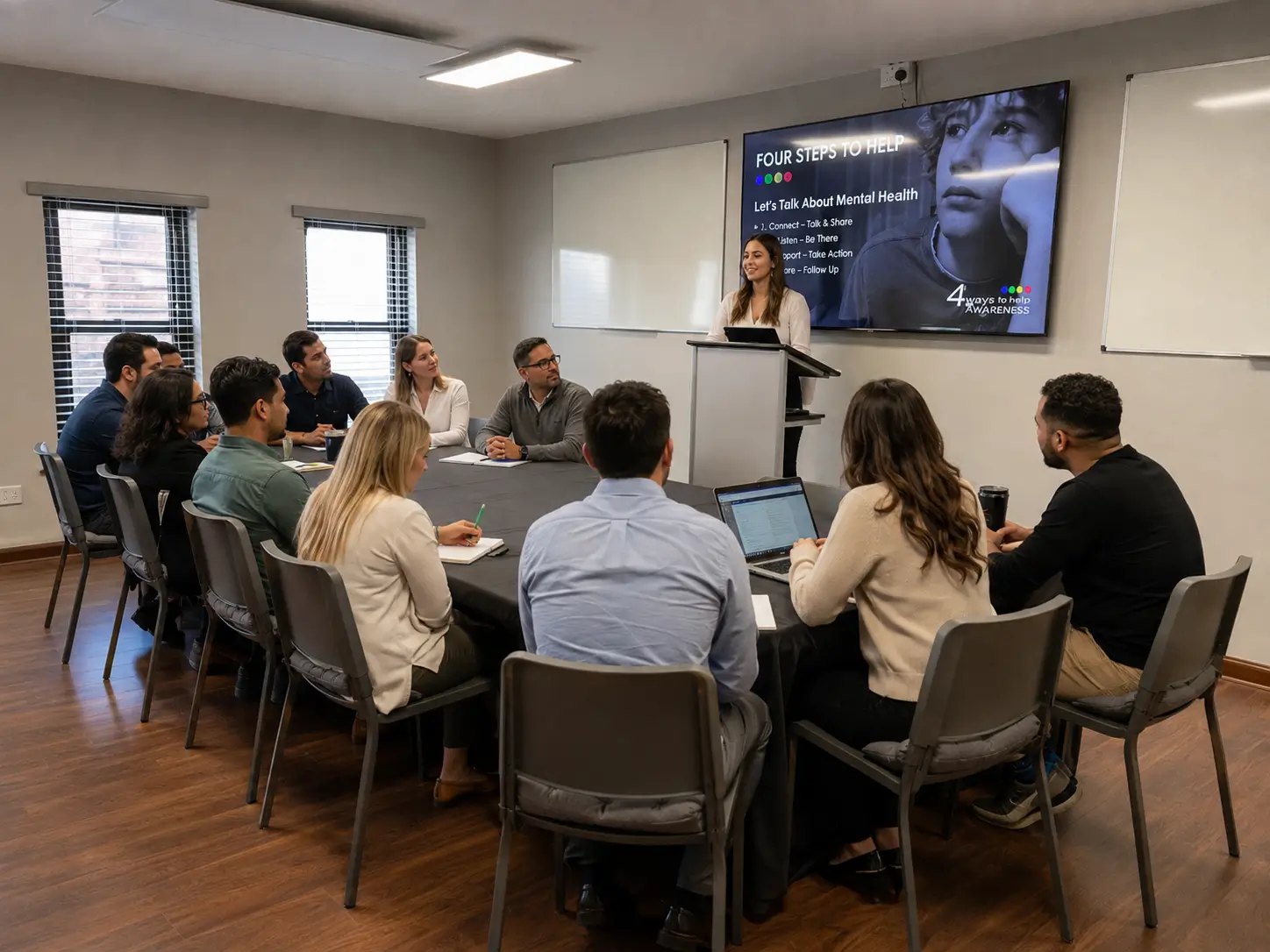 A training session around a boardroom table, with the Four Steps to Help slides on screen