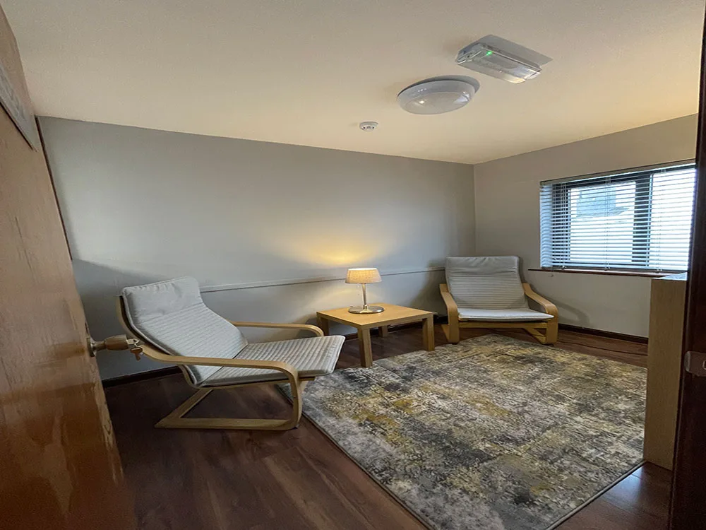 The conversation room, with two armchairs, a lamp and a rug