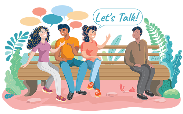 Four young people on a park bench. Three are talking together beneath a speech bubble reading &ldquo;Let&rsquo;s Talk!&rdquo;, while the fourth sits apart on his own.